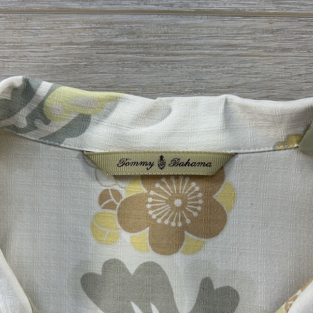Tommy Bahama Mens Large Cream 100% Silk Loop Collar Hawaiian Floral Button Up - Picture 9 of 14